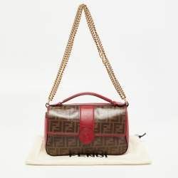 Pre Owned Fendi Tobacco/Red Zucca Coated Canvas and Leather Double F Top Handle Bag