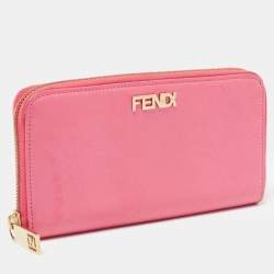 Pre Owned Fendi Pink Glossy Leather Logo Zip Around Wallet