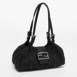 Pre Owned Fendi Black Zucchino Canvas and Leather Baguette Bag