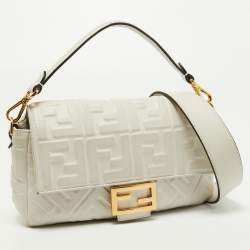 Fendi White Zucca Embossed Leather Medium Baguette Bag