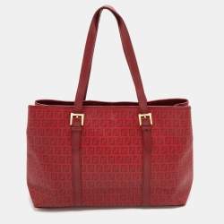 Pre Owned Fendi Red Zucchino Coated Canvas and Leather Shopper Tote