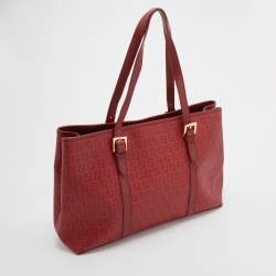 Pre Owned Fendi Red Zucchino Coated Canvas and Leather Shopper Tote