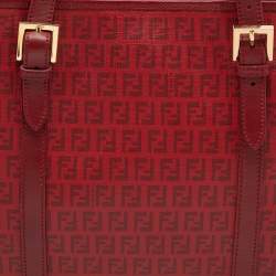 Pre Owned Fendi Red Zucchino Coated Canvas and Leather Shopper Tote