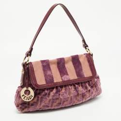 Pre Owned Fendi Purple/Beige Zucca Striped Velvet and Canvas Chef Shoulder Bag