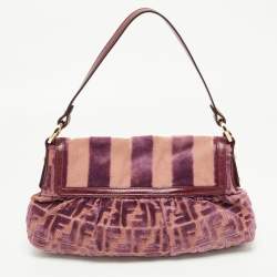 Pre Owned Fendi Purple/Beige Zucca Striped Velvet and Canvas Chef Shoulder Bag