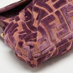 Pre Owned Fendi Purple/Beige Zucca Striped Velvet and Canvas Chef Shoulder Bag