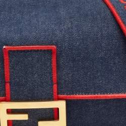Fendi Blue/Red Denim Large Baguette Shoulder Bag
