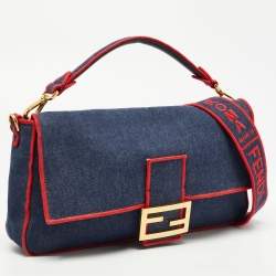Fendi Blue/Red Denim Large Baguette Shoulder Bag