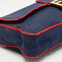 Fendi Blue/Red Denim Large Baguette Shoulder Bag