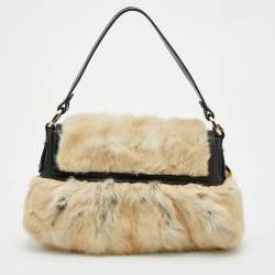 Pre Owned Fendi Dark Brown/Cream Leather and Fur Flap Chef Shoulder Bag