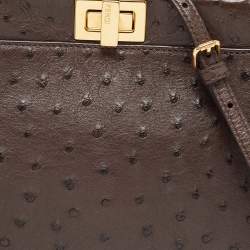 Pre Owned Fendi Brown Ostrich Leather Mini Peekaboo Top Handle Bag