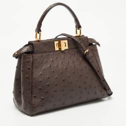 Pre Owned Fendi Brown Ostrich Leather Mini Peekaboo Top Handle Bag