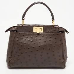 Pre Owned Fendi Brown Ostrich Leather Mini Peekaboo Top Handle Bag