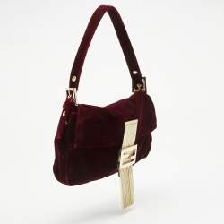 Pre Owned Fendi Red Velvet Medium Baguette Shoulder Bag
