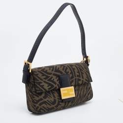 Pre Owned Fendi x Sarah Coleman Brown/Black FF Vertigo Canvas and Watersnake Leather Small Baguette 