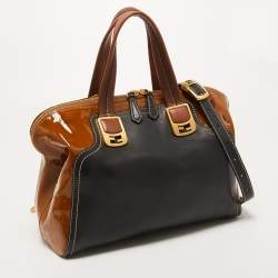 Pre Owned Fendi Black/Brown Patent and Leather Small Chameleon Satchel