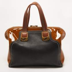 Pre Owned Fendi Black/Brown Patent and Leather Small Chameleon Satchel