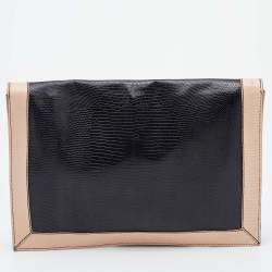 Pre Owned Fendi Black/Pink Lizard Embossed Leather Flap Clutch