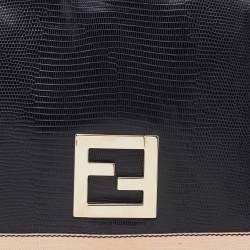 Pre Owned Fendi Black/Pink Lizard Embossed Leather Flap Clutch