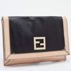 Pre Owned Fendi Black/Pink Lizard Embossed Leather Flap Clutch