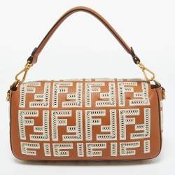 Fendi Brown FF Embroidery Fabric and Leather Baguette Shoulder Bag