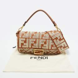 Fendi Brown FF Embroidery Fabric and Leather Baguette Shoulder Bag