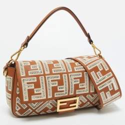 Fendi Brown FF Embroidery Fabric and Leather Baguette Shoulder Bag
