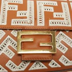 Fendi Brown FF Embroidery Fabric and Leather Baguette Shoulder Bag