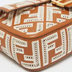 Fendi Brown FF Embroidery Fabric and Leather Baguette Shoulder Bag