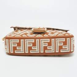 Fendi Brown FF Embroidery Fabric and Leather Baguette Shoulder Bag