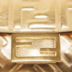 Pre Owned Fendi Gold FF Leather Mini Baguette Bag