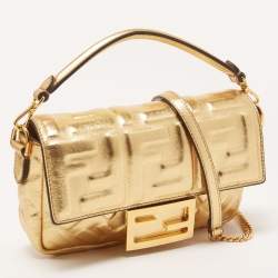 Pre Owned Fendi Gold FF Leather Mini Baguette Bag