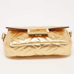 Pre Owned Fendi Gold FF Leather Mini Baguette Bag