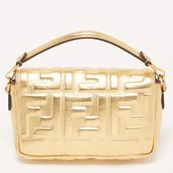 Pre Owned Fendi Gold FF Leather Mini Baguette Bag
