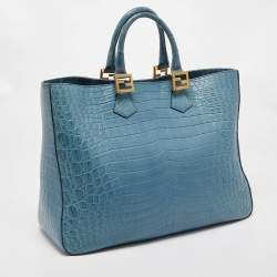 Pre Owned Fendi Blue Crocodile Twins Shopper Tote