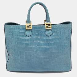 Pre Owned Fendi Blue Crocodile Twins Shopper Tote
