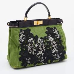 Pre Owned Fendi Green/Black Canvas and Leather, Beaded Large Peekaboo Top Handle Bag