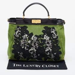 Pre Owned Fendi Green/Black Canvas and Leather, Beaded Large Peekaboo Top Handle Bag