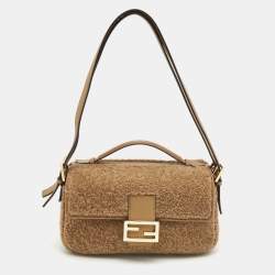 Fendi Brown/Pink Shearling Large Baguette Bag