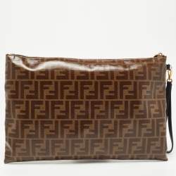 Pre Owned Fendi Brown Coated Canvas FFreedom Flat Pouch Bag