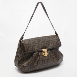 Pre Owned Fendi Tobacco Zucca Coated Canvas and Leather Push Lock Flap Shoulder Bag