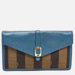 Pre Owned Fendi Dark Blue/Tobacco Pequin Canvas and Leather Bustina Clutch