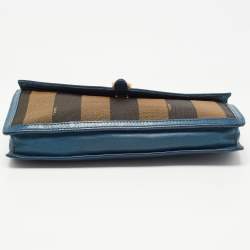 Pre Owned Fendi Dark Blue/Tobacco Pequin Canvas and Leather Bustina Clutch
