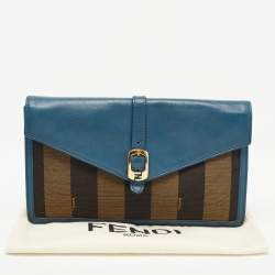 Pre Owned Fendi Dark Blue/Tobacco Pequin Canvas and Leather Bustina Clutch