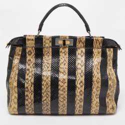 Pre Owned Fendi Beige/Black Python Leather Large Peekaboo Top Handle Bag