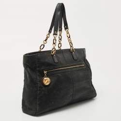 Pre Owned Fendi Black Shimmer Suede Front Zip Chain Tote
