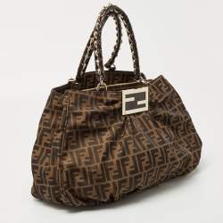 Pre Owned Fendi Tobacco Zucca Canvas and Patent Leather Large Mia Hobo