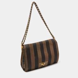 Pre Owned Fendi Tobacco Pequin Canvas Large Claudia Shoulder Bag