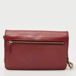 Pre Owned Fendi Red/Burgundy Leather FF Flap Wallet On Chain