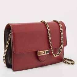 Pre Owned Fendi Red/Burgundy Leather FF Flap Wallet On Chain